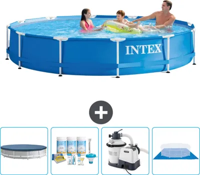 Produktbild von Intex-Schwimmbecken mit rundem Rahmen – 366 x 76 cm – Blau – im Lieferumfang enthalten Abdeckung - Wartungspaket - Filterpumpe für Schwimmbad - Bodenplane