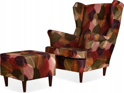 Produktbild von Family Meble Ohrensessel mit Hocker Print Relaxsessel Skandinavisch Bequemer Sessel Loungesessel Fernsehsessel Wohnzimmer Schlafzimmer Büro (LEAF 1)