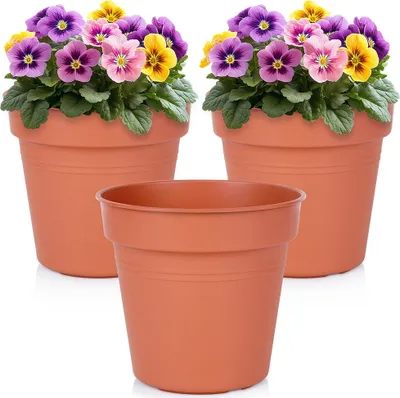 Image de 3 pots de jardin bruns en plastique pour plantes, fleurs, herbes aromatiques 17 x 15,5 cm