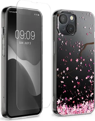 Produktbild von kwmobile Hülle kompatibel mit Apple iPhone 13 / iPhone 14 Handyhülle - Silikon Case transparent - Mit Glas Schutzfolie - Kirschblütenblätter Rosa