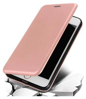 A rose gold flip case for a smartphone is shown at an angle, partially open, with the phone screen visible. The case is resting on a surface that appears to be breaking apart, suggesting durability or protection.