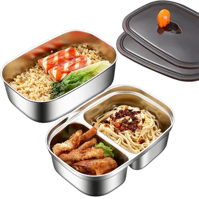 Produktbild von 2er-Set Edelstahl-Lunchboxen für Kinder und Erwachsene, aus Edelstahl 316, tragbare Bento-Box, mikrowellen- und spülmaschinengeeignet, Lunchbox für Schule und Arbeit, 1,2 l + 1,7 l