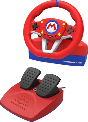A Mario Kart racing wheel and pedal set is shown against a white background.