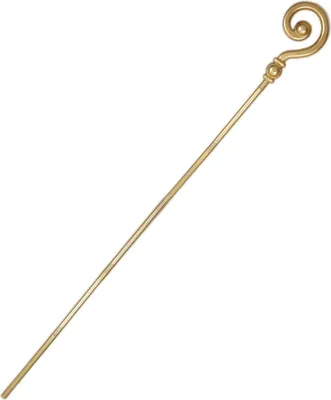 A gold-colored staff with a curled top, presented against a white background.