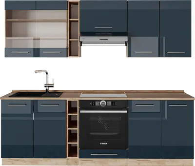 Image de Ligne de cuisine Vicco Fame-Line bleu foncé brillant/chêne doré 235cm sans PT, Model 49738
