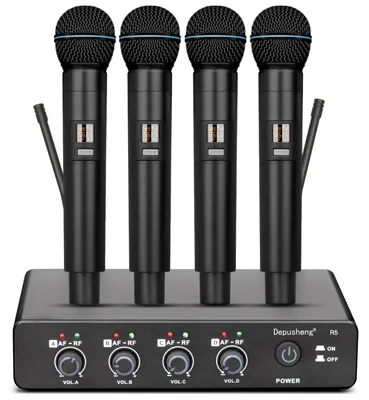 Immagine prodotto di Kit microfono wireless a 4 elementi - UHF - Dinamico - Nero - Ideale per karaoke ed eventi