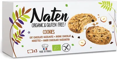 Zdjęcie produktu dla CIASTKA OWSIANE Z CZEKOLADĄ I ORZECHAMI LASKOWYMI BEZGLUTENOWE120 g - NATEN
