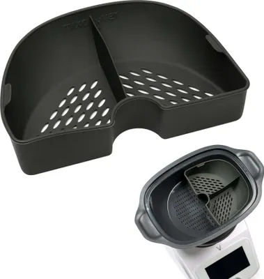 A dark gray plastic divider for a kitchen appliance is shown against a white background. A smaller inset image shows the divider placed inside the appliance.