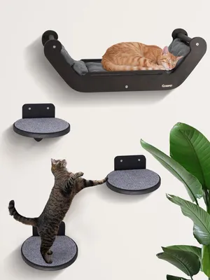 Produktbild von Kletterwand Katzen Set mit Katzenbett und 3 Stufen, Katzenmöbel aus Holz Katzentreppe, Katzen Wandelemente Multifunktional zum Schlafen, Spielen