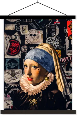 Produktbild von MuchoWow® Textilposter Mädchen mit Perlenohrring - Gold - Tattoo 120x160 cm mit schwarzem Rahmen - Magnetischer