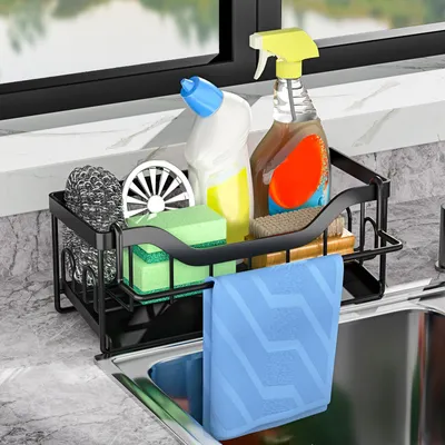 Produktbild von Schwarzer Spülbecken-Organizer – Schwammhalter mit selbstentleerender Tropfschale, Halter für Spülmittel und Geschirrtücher, Ablagefläche für das Spülbecken