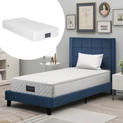 Image de OKWISH Lit simple 90x200 cm - Lit adulte capitonné avec sommier à lattes - Lin - Matelas Inclus - Bleu