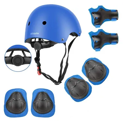 Image de Ensemble de protections pour enfants comprenant : casque, genouillères, coudières et protège-poignets, couleur bleue, taille 48-54 cm