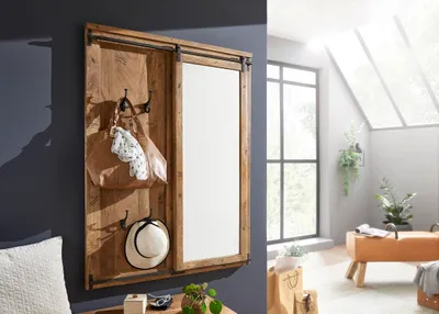 Produktbild von Wandgarderobe mit Spiegel 105x140cm 'Railroad' Mango & Eisen