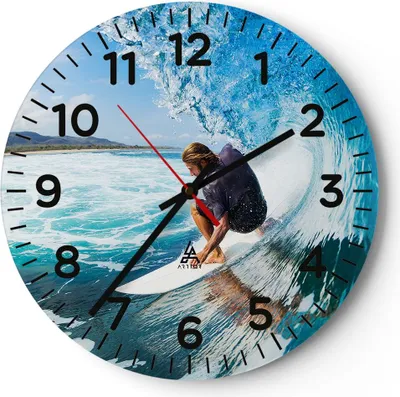Produktbild von Wanduhr - Rund - Glasuhr - Surfen Surfer Ozean Welle - 30x30cm - Schleichendes Uhrwerk - Lautlos - zum Aufhängen bereit - Dekoration Modern - Wanddekoration aus Glas - C4AR30x30-2785