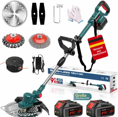 Produktbild von 750W Akku Rasentrimmer mit 2x 4000mAh Akkus, Höhenverstellbar, Leichtgewicht, Freischneider mit Unkrautbürste, Sägeblatt, Kunststoff & Metallklingen