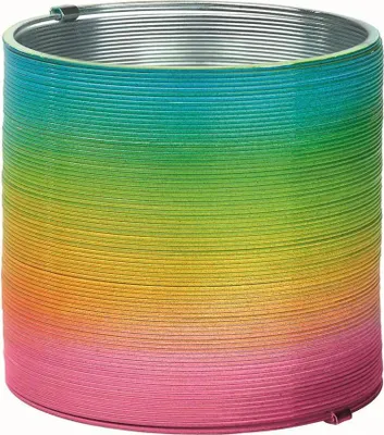 A rainbow-colored slinky toy is shown in a cylindrical shape.