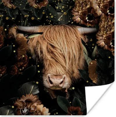 Produktbild von MuchoWow® Poster Schottisches Hochlandrind - Tiere - Blumen - Licht 50x50 cm - Wohnzimmerdekoration