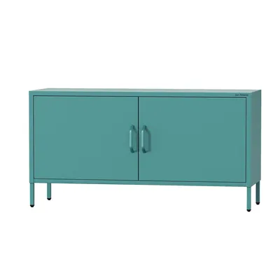 Obrázek produktu pro Jan Nowak TV stolek ROSA TV deska na nohách do obývacího ložnice Kovový TV stolek s dvířky a úložným prostorem, 115 x 59,5 x 40 cm, mořská barva