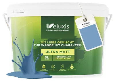 Produktbild von Wandfarbe Blau Hellblau Grau Matt Innenfarbe – Deckkraft Klasse 1, VOC-frei, Ohne Grundierung, Tropfarm – Wohnzimmer & Schlafzimmer – 5L – Veluxis (Blue Herring)