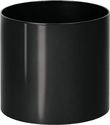 A black cylindrical planter is shown against a white background.