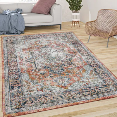 Immagine prodotto di Tappeto soggiorno a pelo corto vintage motivo orientale ornamenti bordura rosso blu dimensioni 60x100 cm