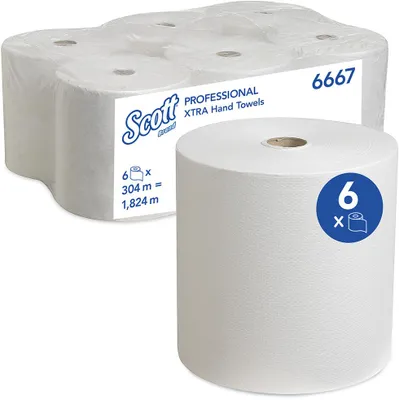 A package of Scott Professional XTRA Hand Towels is shown, with one roll in the foreground and the rest of the package in the background.