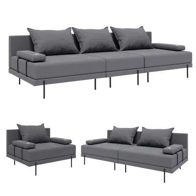 A set of modular outdoor furniture, including a three-seater sofa, a two-seater sofa, and an armchair, all in a dark gray color.