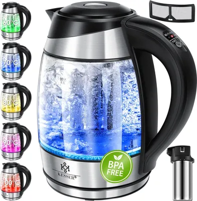 A collage of a glass electric kettle with various temperature settings displayed.
