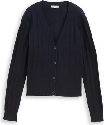 Produktbild von Tom Tailor Strickjacke V-Ausschnitt weich mit Wollanteil und Rippstruktur