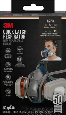 Packaging for a 3M Quick Latch Respirator with replaceable filters, showing a person wearing the respirator.