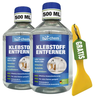 Produktbild von bio-chem Klebstoffentferner Etikettenlöser – 2x 500 ML – SC 100 Zitrusduft – Extrem starker Entferner für hartnäckige Etiketten, Aufkleber & Klebereste - Etikettenentferner inkl. praktischem Schaber