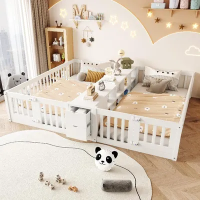 Productafbeelding van Houten kinderbed 90x200, kinderbed voor twee kinderen met lades en een open plank, hoge veiligheidsreling, wit, 219.6x204x33.5 cm