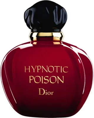 A studio shot of a red Dior Hypnotic Poison perfume bottle with a black cap and gold accents.