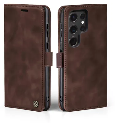 A brown leather flip case for a smartphone is shown from the side and front.