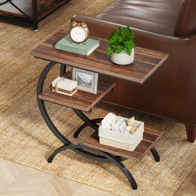 Produktbild von Tribesigns C-förmiger Beistelltisch, industrieller 3-stöckiger kleiner Beistelltisch für Couch, Holz Nachttisch mit Aufbewahrungsregalen Dunkelbraun