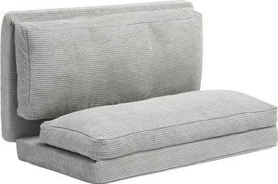 A light gray, corduroy upholstered sofa that can be folded into a bed.