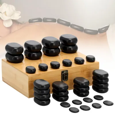 Image de Ensemble de 36 pierres de massage spa en basalte dans une boîte en bambou