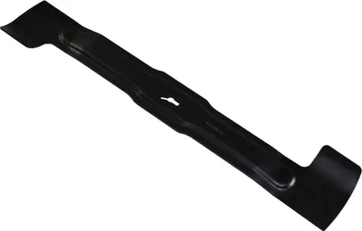 A black lawnmower blade is shown on a white background.