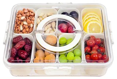 Productafbeelding van Lunchbox met 8 compartimenten - Draagbare, afsluitbare bewaardoos met deksel en handvat - Ideaal voor het n van snacks, fruit, snoep en noten - Geschikt voor de vaatwasser