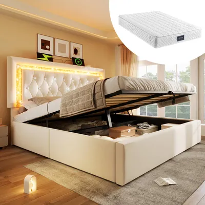 Produktbild von Polsterbett 160x200 cm Samt Doppelbett mit LED-Diamantband im Kopfteil, USB & Type-C Ladestation, hydraulischem Bettkasten