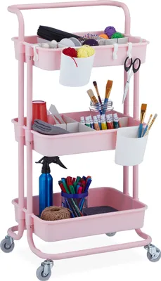 Image de Chariot Relaxdays, 3 étages, chariot polyvalent, loisirs, bureau, salle de bain, chariot de cuisine - Dimensions : 86 x 43 x 42 cm, métal et plastique, rose