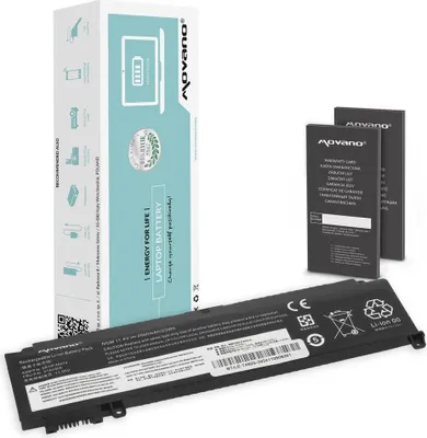 A product shot of a laptop battery and its packaging, along with two smaller battery packs.