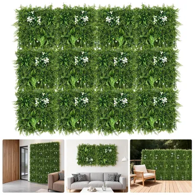 Image de Revêtement mural en buis artificiel - Ensemble de 12 pièces de 50x50 cm - Plastique - Protection UV - Brise-vue pour intérieur et extérieur - Décoration murale - Vert