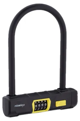 Image de Cadenas à arceau Relaxdays avec combinaison, cadenas en U pour vélo et vélo électrique, cadenas à combinaison, acier, plastique, noir/jaune