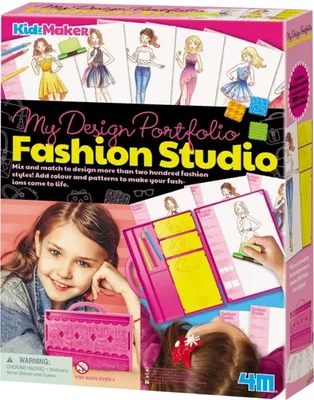 The image shows the packaging of a fashion design studio kit for children, featuring illustrations of fashion designs and a young girl interacting with the product.