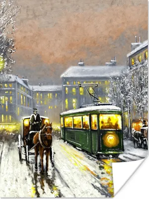 Produktbild von MuchoWow® Poster Gemälde - Ölgemälde - Winter - Straßenbahn - Pferd 90x120 cm - Wohnzimmer