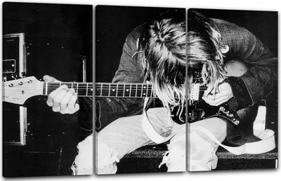 Produktbild von Leinwandbild 3-teilig (120x80cm): Kurt Cobain mit Gitarre Grunge-Legende schwarz weiss Nirvana, echter Holz-Keilrahmen inkl. Aufhänger, handgefertigt in Deutschland