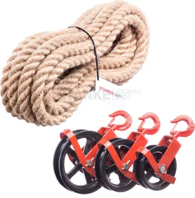 Produktbild von Seilwerk STANKE 125mm Umlenkrolle mit Haken + Juteseil 6mm 30 Meter Seilwinde Seilzug Seilrolle Windenrolle Flaschenzug Baurolle Bau Aufzug SET
