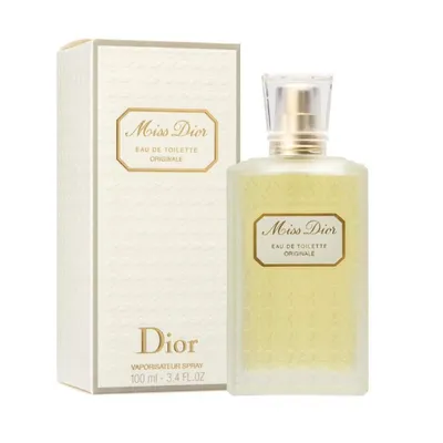 A bottle of Miss Dior perfume and its box are displayed against a white background.